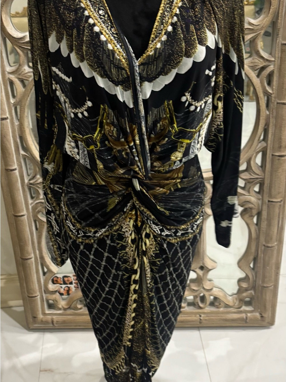 Camilla Black, Gold & White Chain-Print Twist-Front Long Sleeve Dress